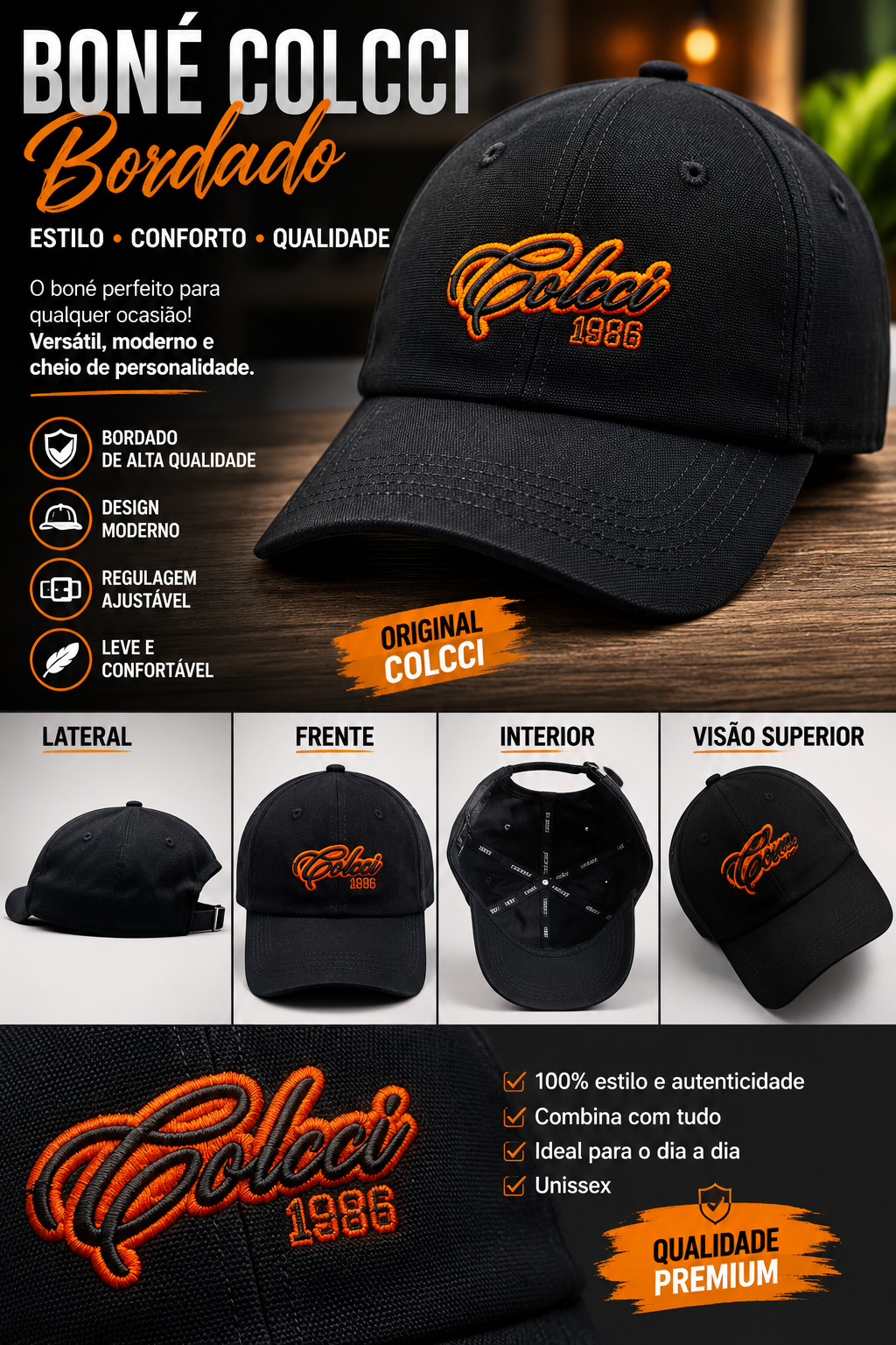 Boné Colcci Bordado Preto – Ajustável | Estilo Casual